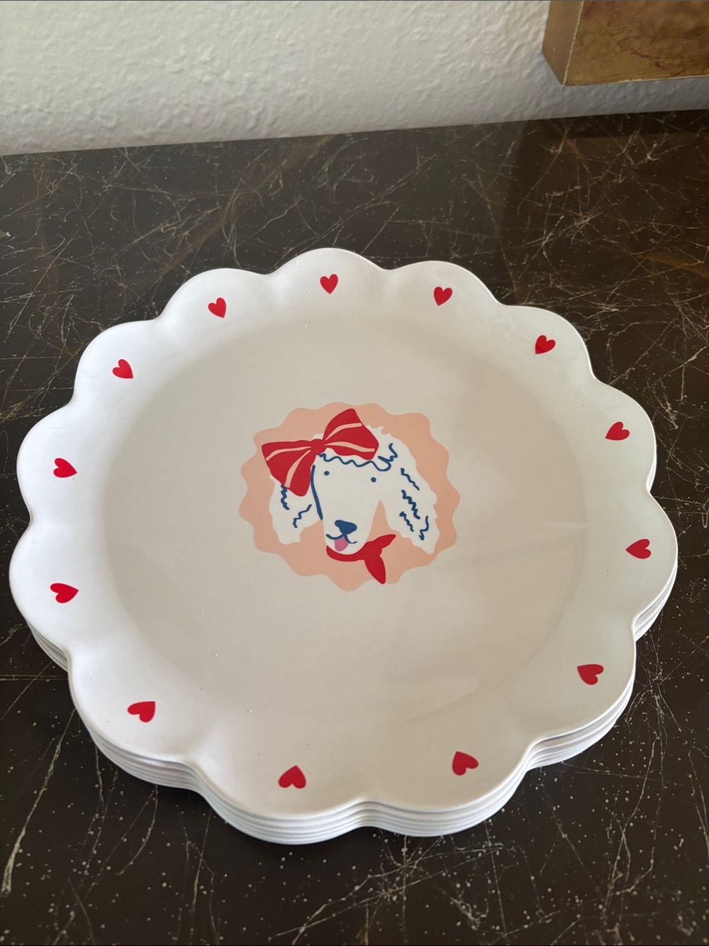Pillowfort White Scalloped Plate with Red Hearts and Poodle Motif